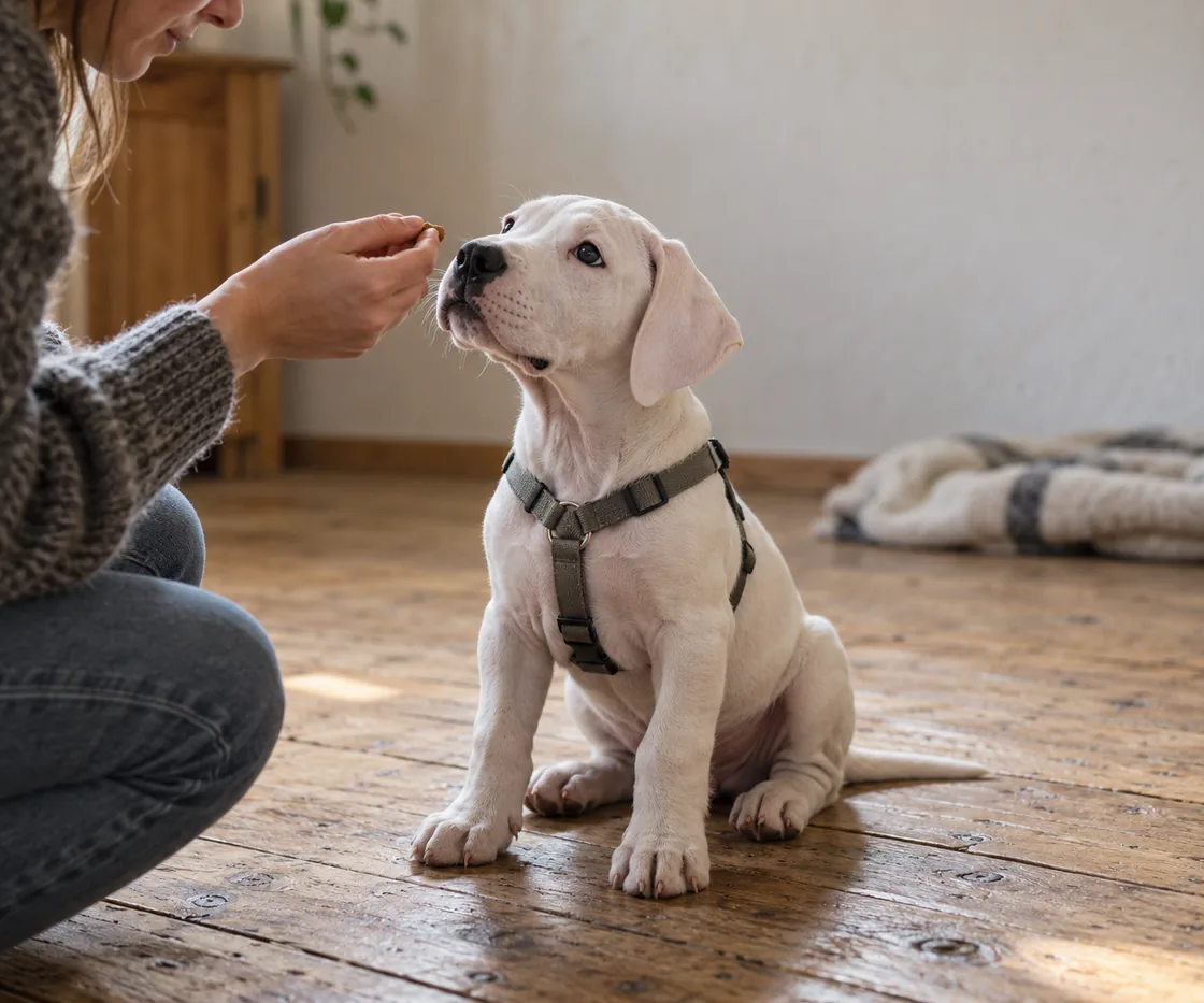 Ein weißer Dogo-Argentino-Welpe mit hängenden Ohren und Brustgeschirr sitzt auf einem Holzboden und schaut zu einer Hand mit einem Leckerli.