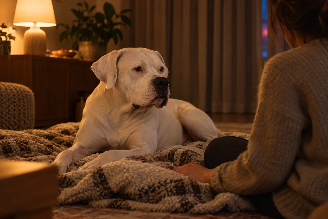 Ein weißer Dogo Argentino liegt abends ruhig auf einer Decke im Wohnzimmer, daneben sitzt eine Person, die Vorhänge sind zugezogen.