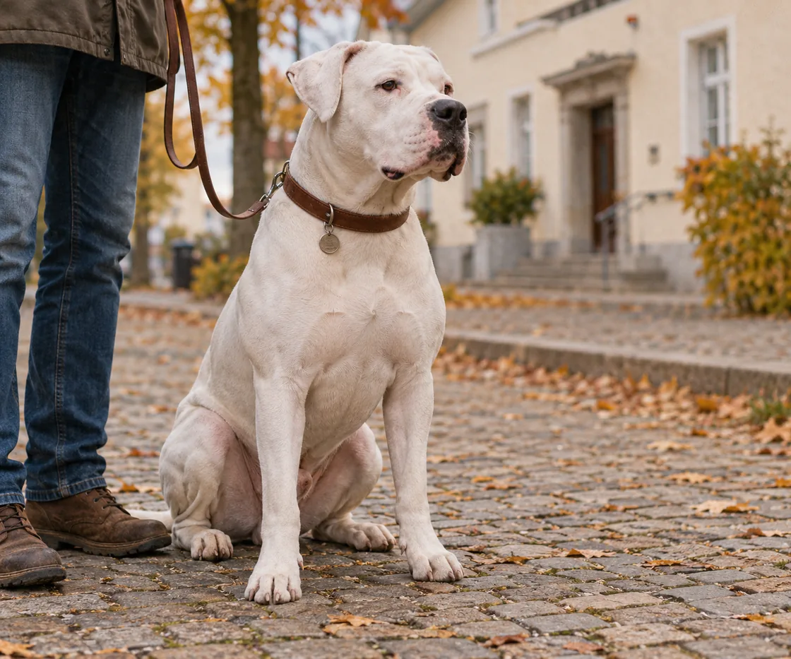 Ein weißer Dogo Argentino mit Halsband und Hundemarke sitzt an der Leine auf einem Gehsteig vor einem Amtsgebäude.